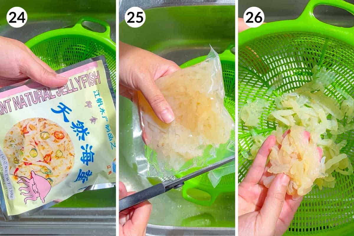 Collage of 3 photos for how to prepare jellyfish for yee sang recipe