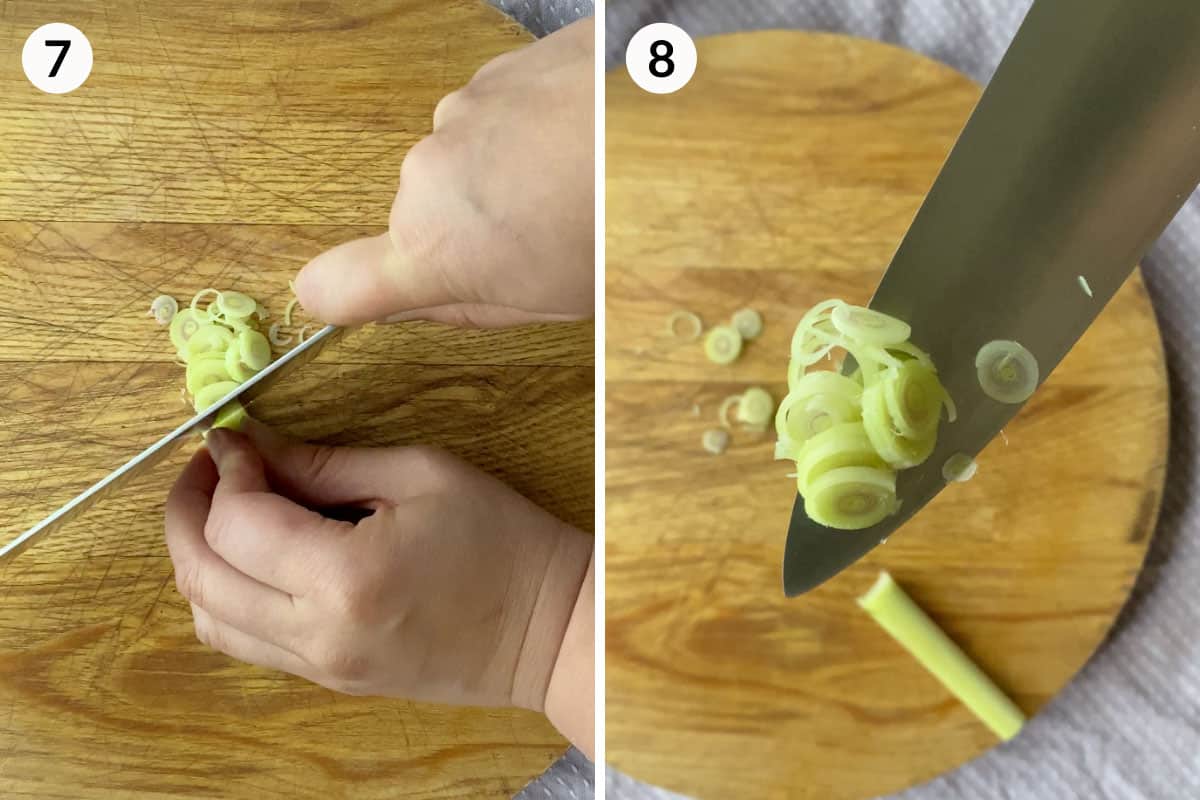 Collage of 2 photos for how to thinly slice lemongrass
