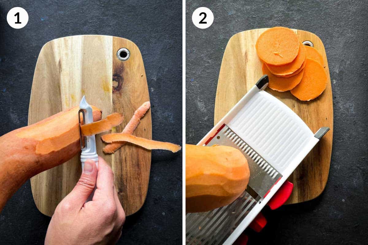 Collage of 2 photos for how to slice sweet potato