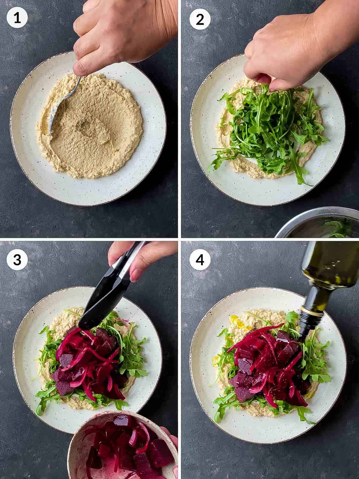 Collage of 4 photos for Pickled Beet Salad with Chickpea Mash