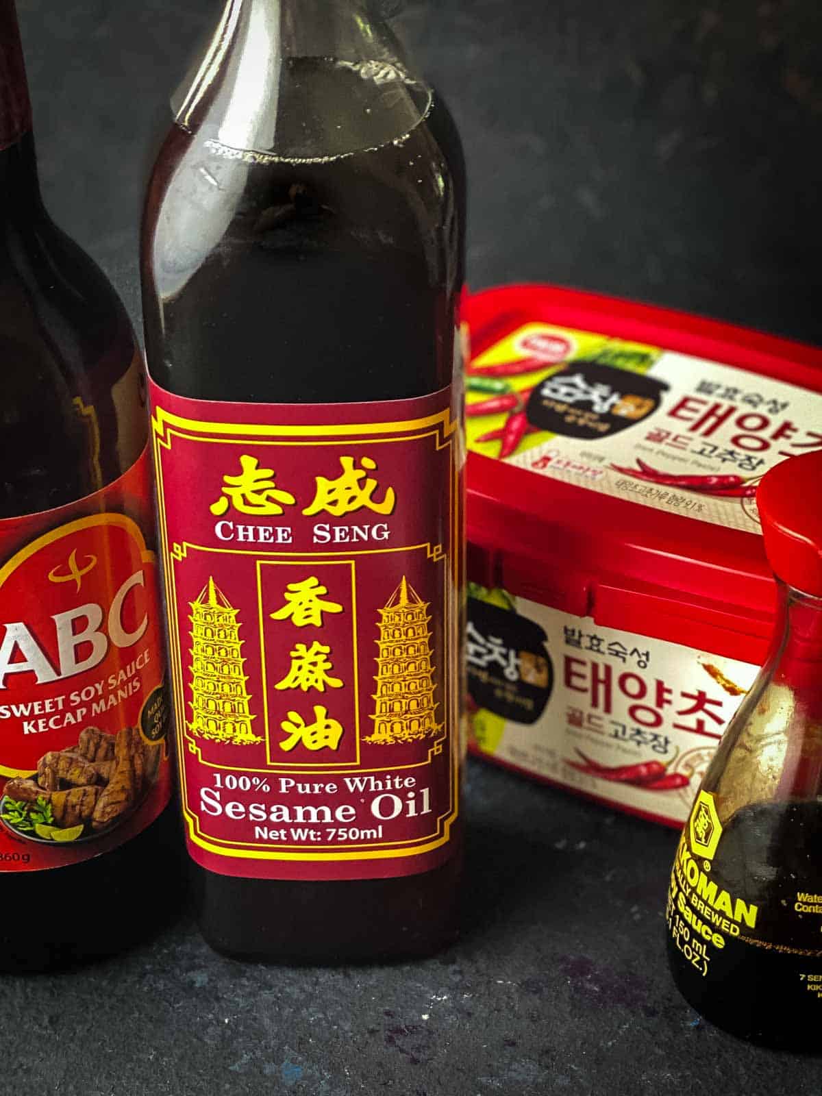 Gochujang Glaze Ingredients of kecap manis, sesame oil, soy sauce and gochujang paste