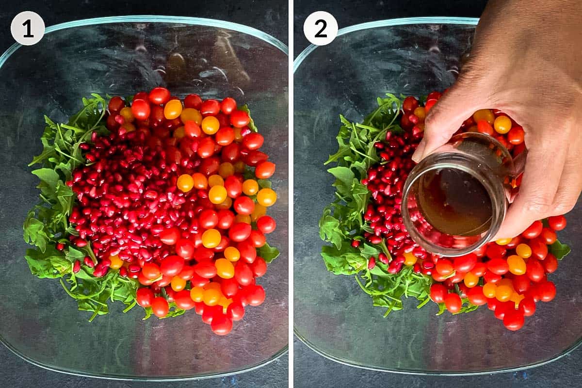 Collage of 2 photos for how to make Tomberry Salad with Pomegranate