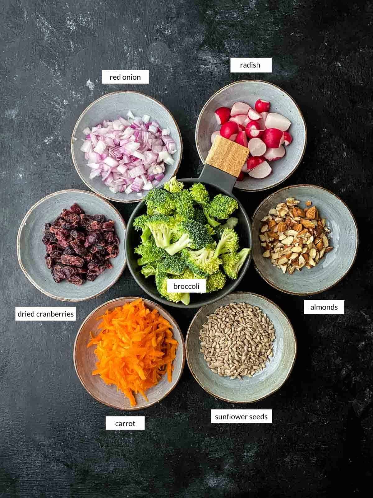 Individually labelled ingredients for Vegan Broccoli Salad [No Mayo]