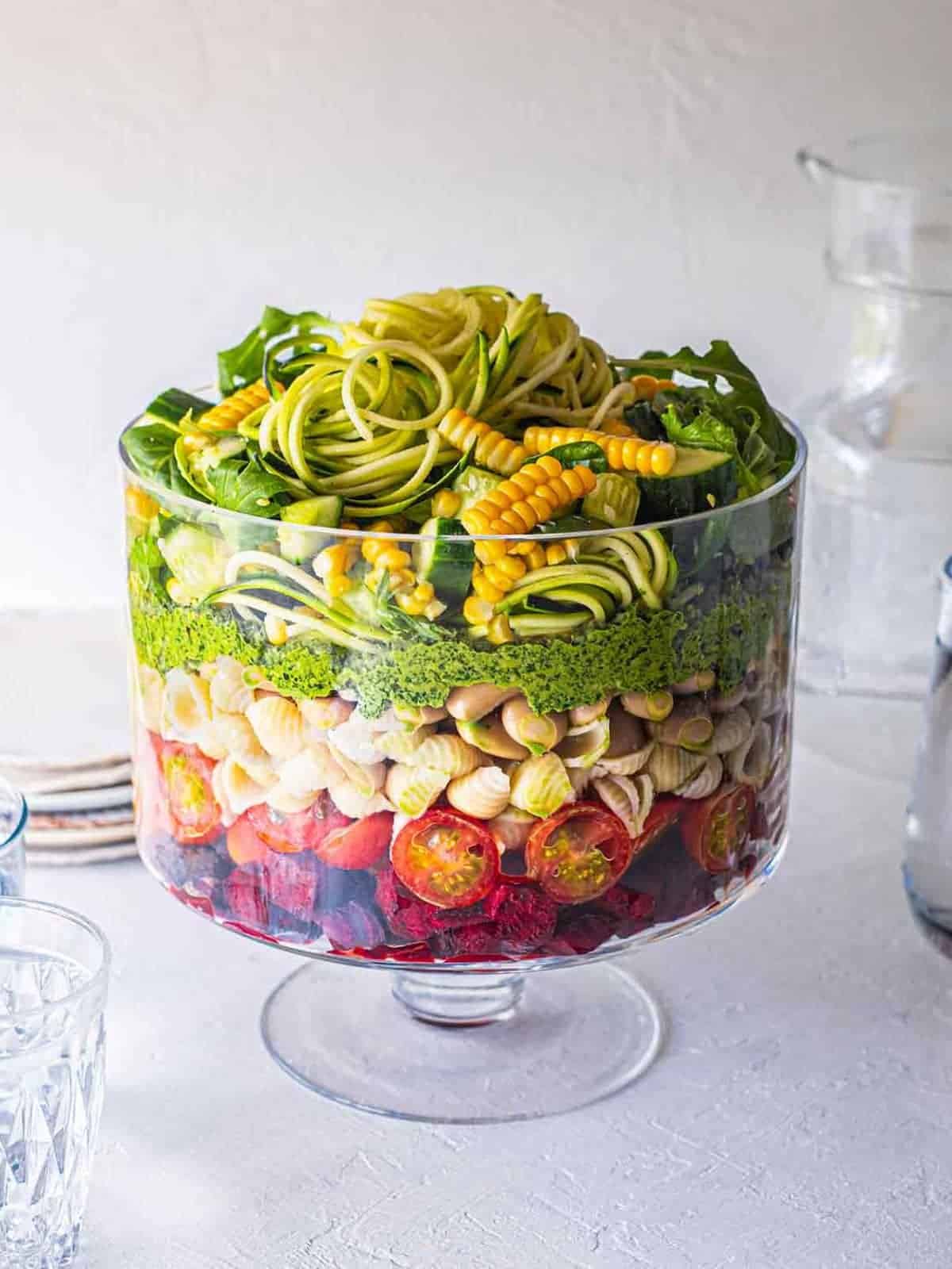 Christmas layered trifle pasta salad in a trifle bowl