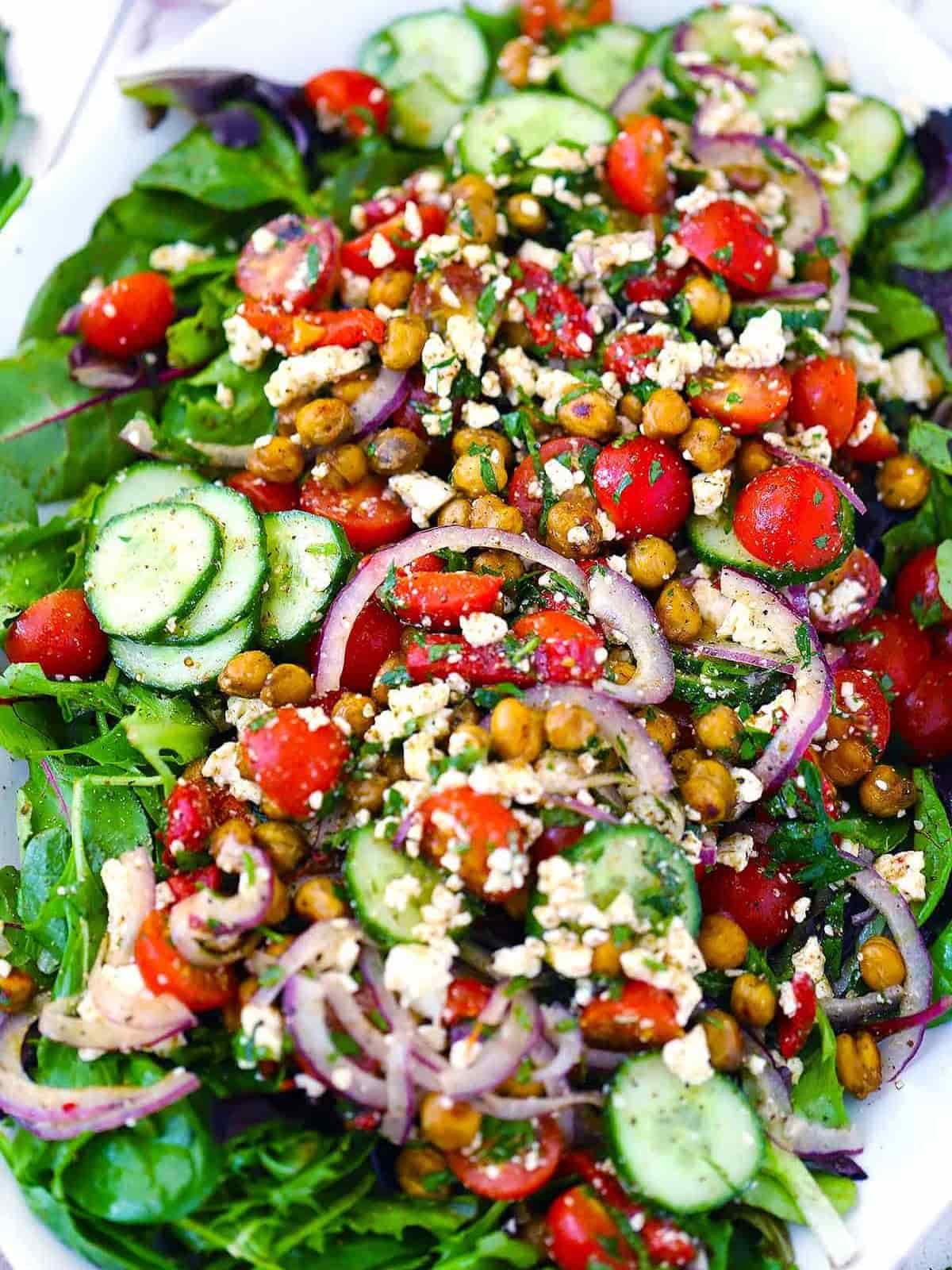Zaatar roasted chickpea salad on a white platter