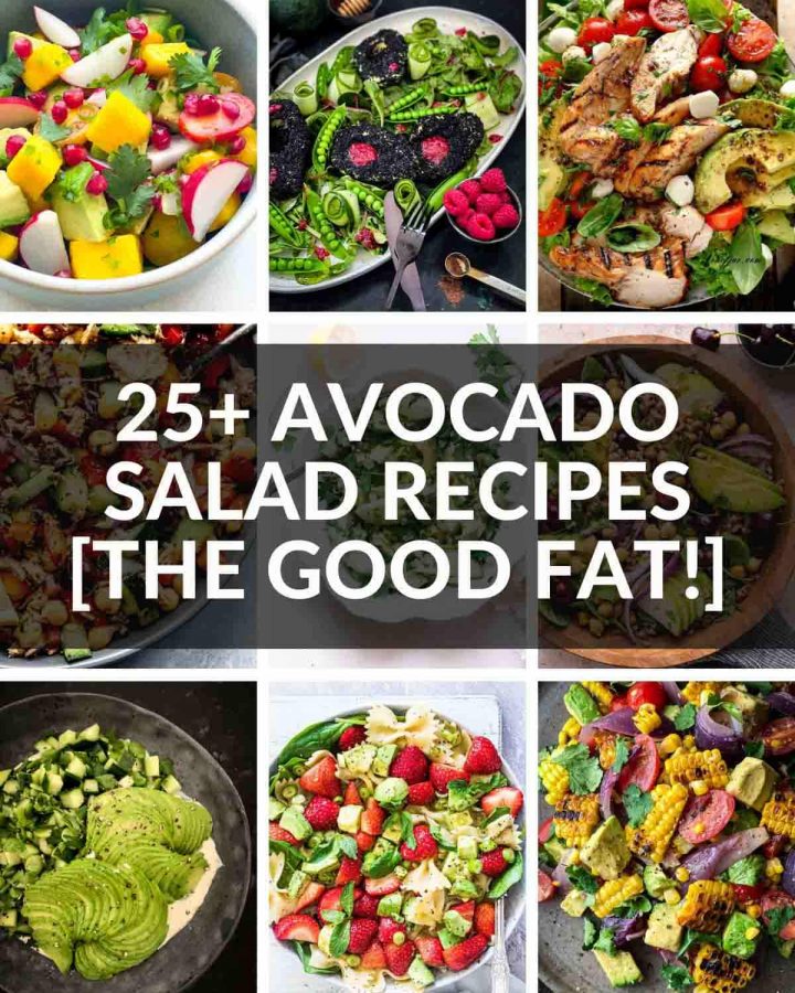 Image of avocado salad round up with text overlay