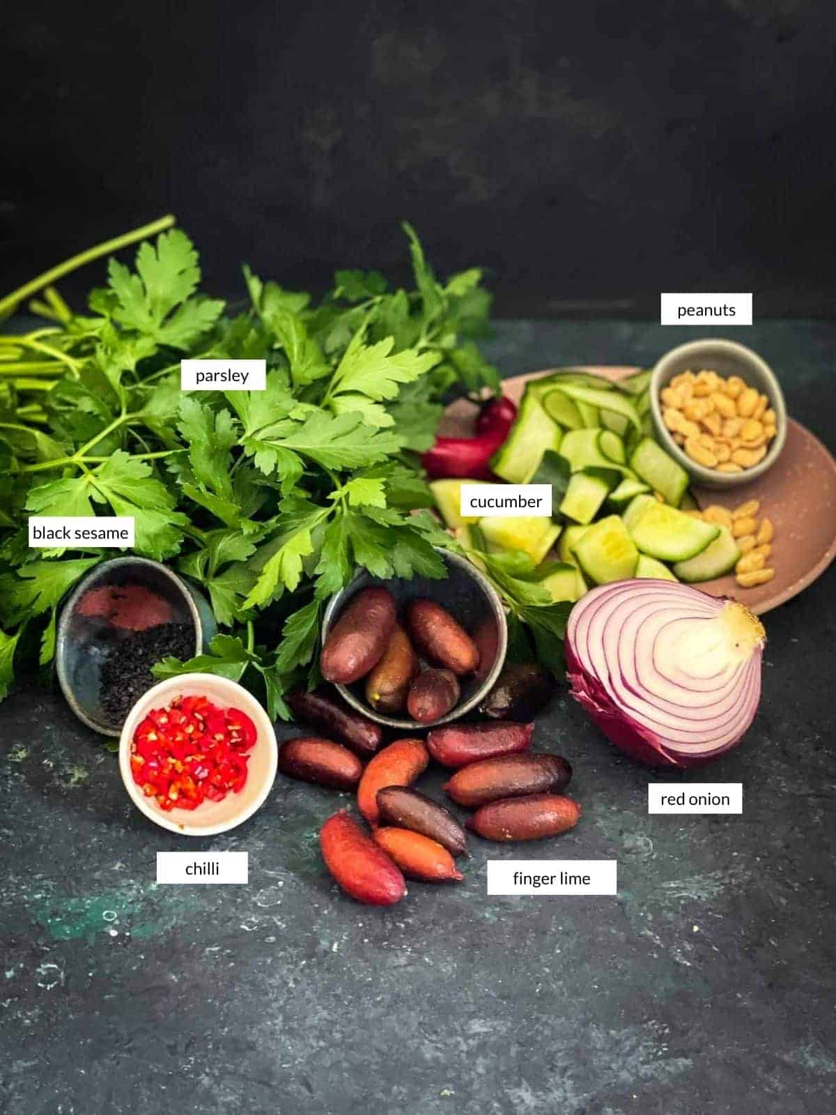 Individually labelled ingredients for Cucumber Finger Lime Salad