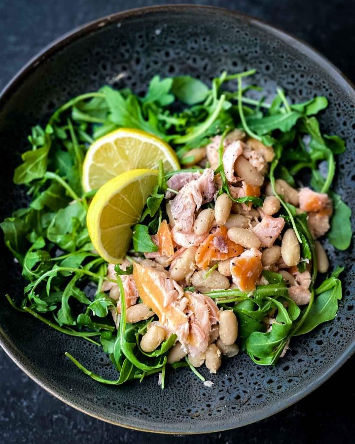Miso Cannellini Bean Salad with Salmon in a grey bowl