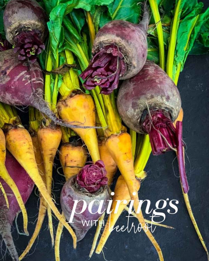 Image of gold and red beetroots with the text overlay "pairings with beetroot"