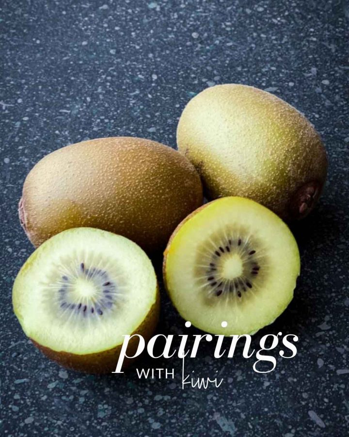 Image of halfa kiwi and 2 whole kiwi with the text overlay "pairings with corn"