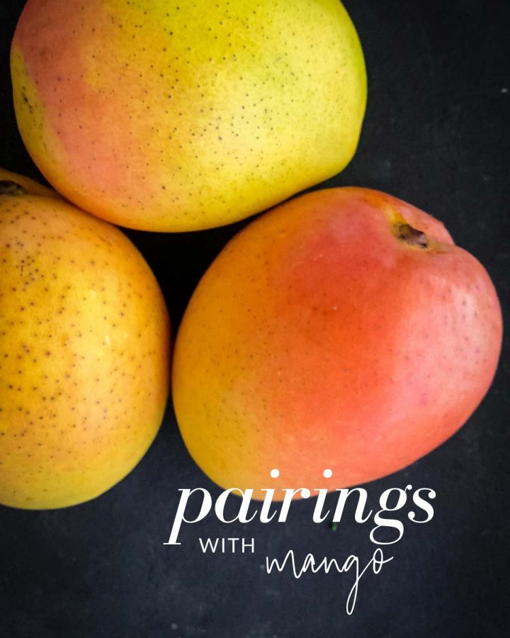 Image of 3 whole mangoes with the text overlay "pairings with mango"