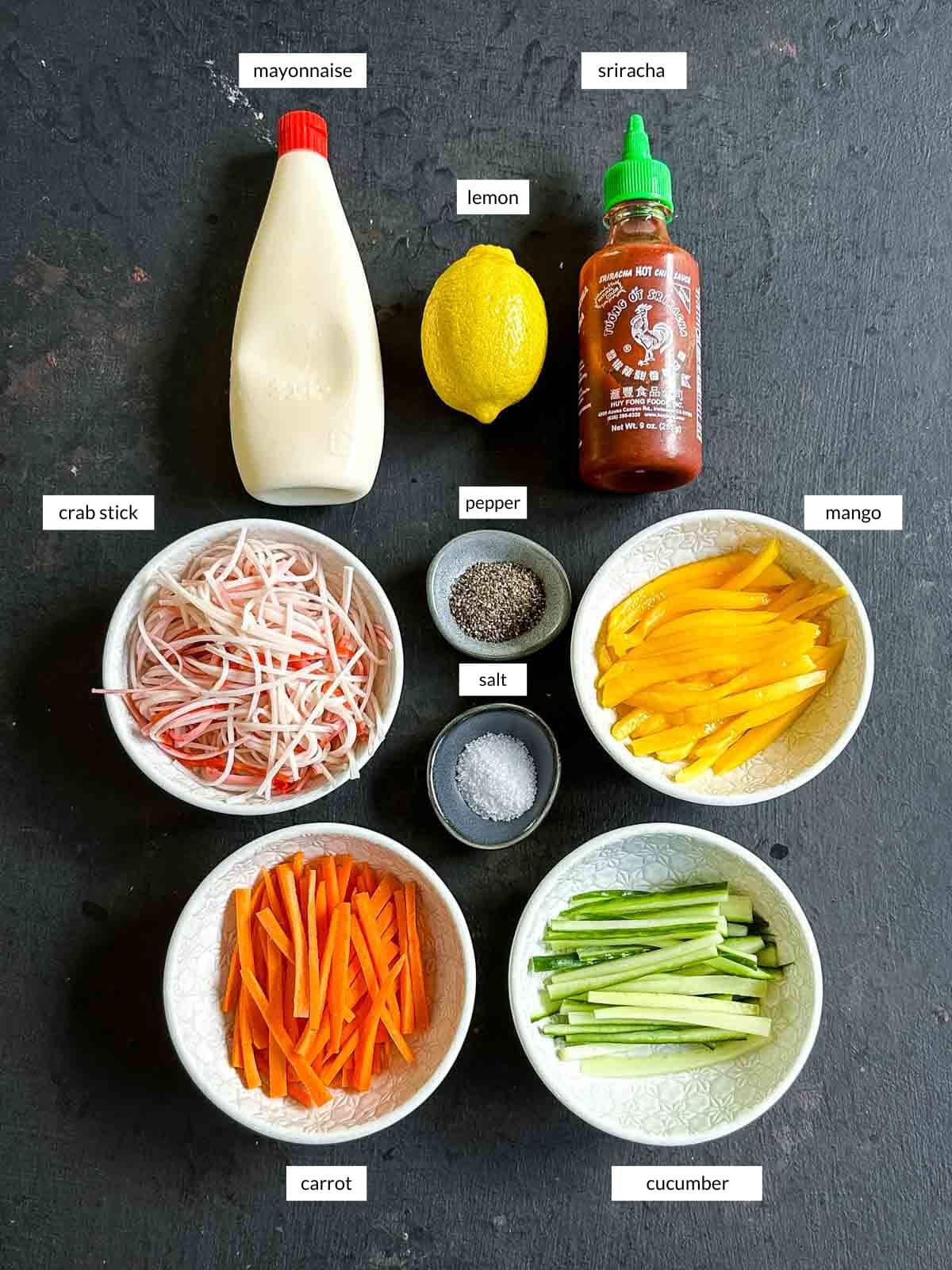 Individually labelled ingredients for kani salad