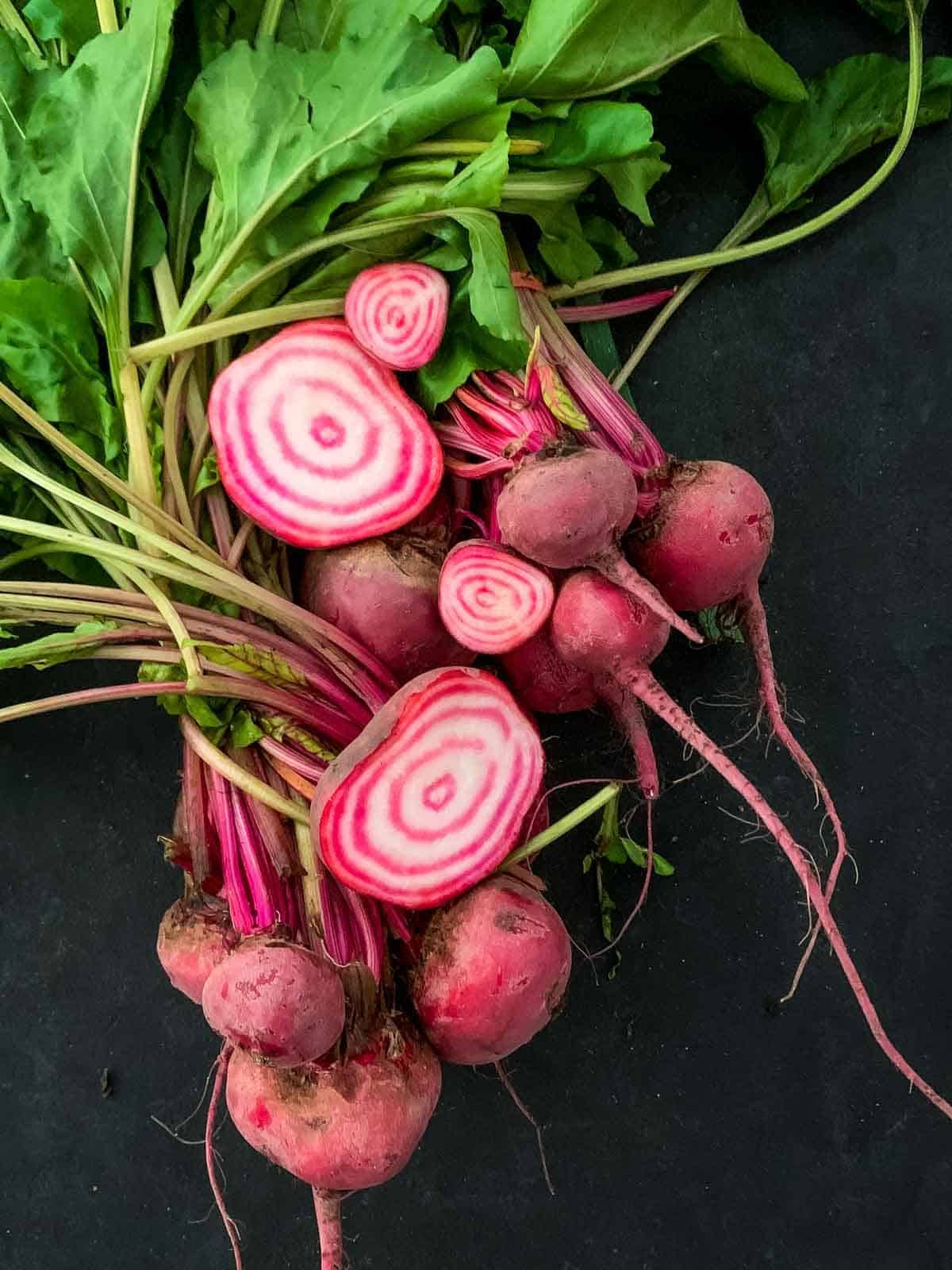 a bunch of chiogga beetroot