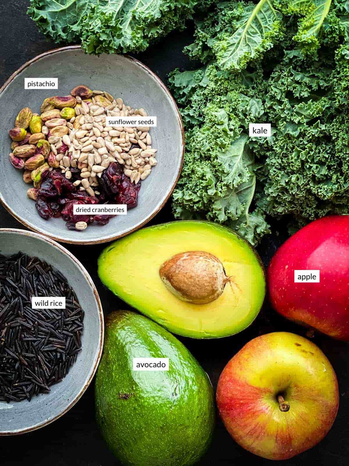 Individually labelled ingredients for kale salad recipe