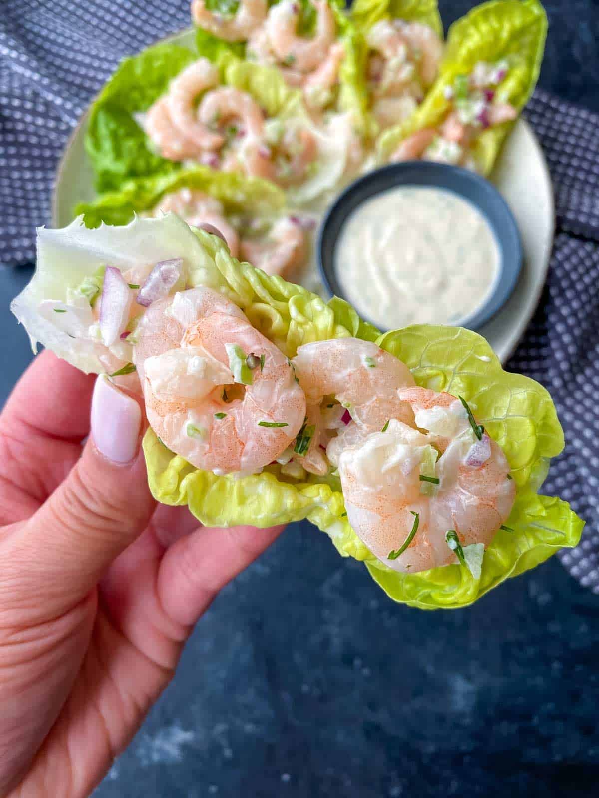 Hand holding a lettuce cup of shrimp salad