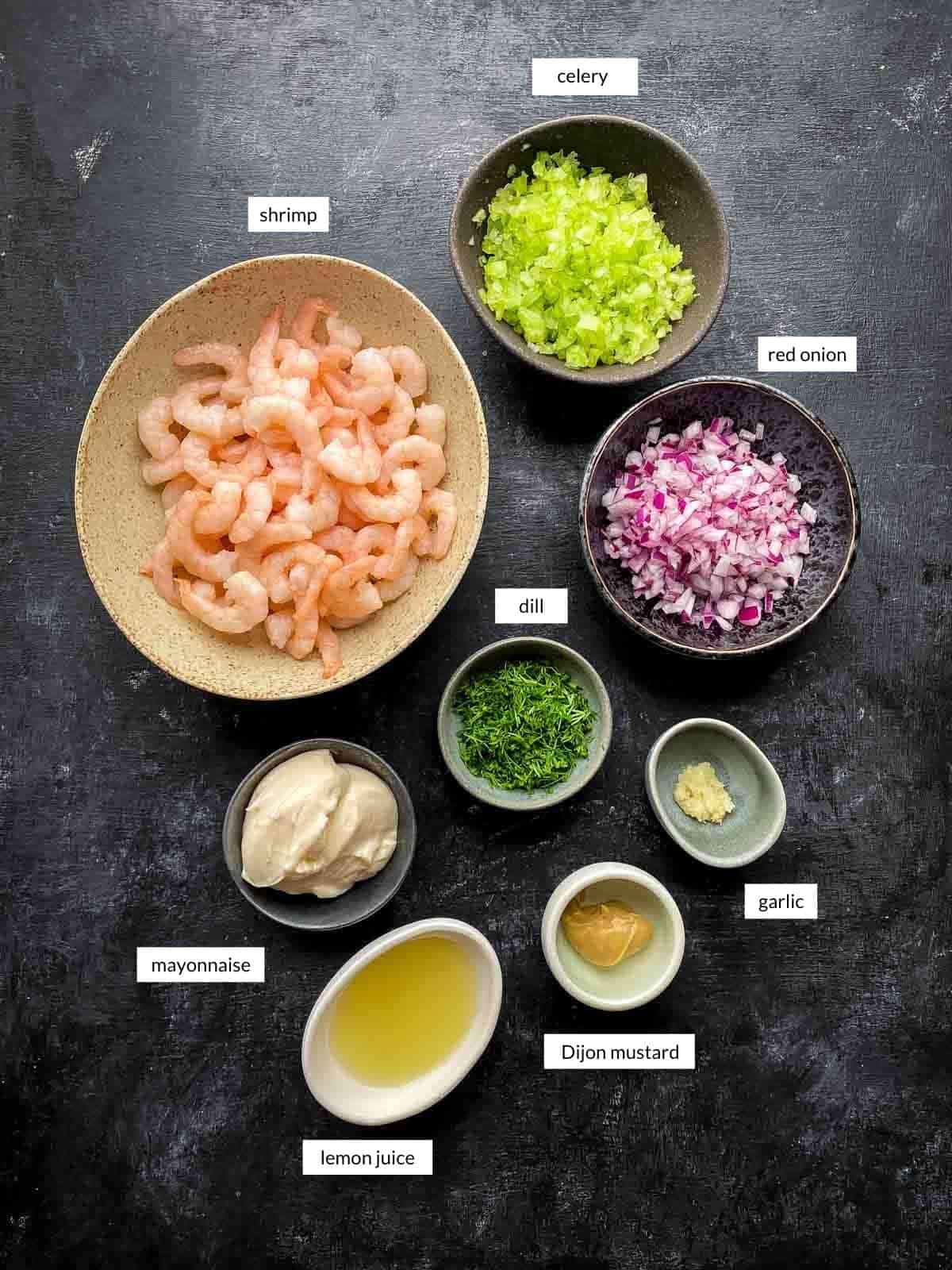Individually labelled ingredients for easy shrimp salad recipe