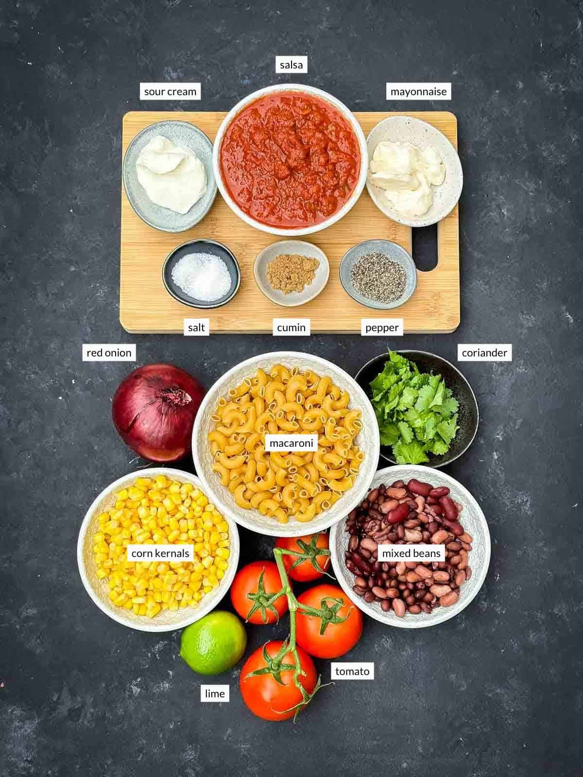 Individually labelled ingredients for Mexican Macaroni Salad [Ensalada de Coditos]