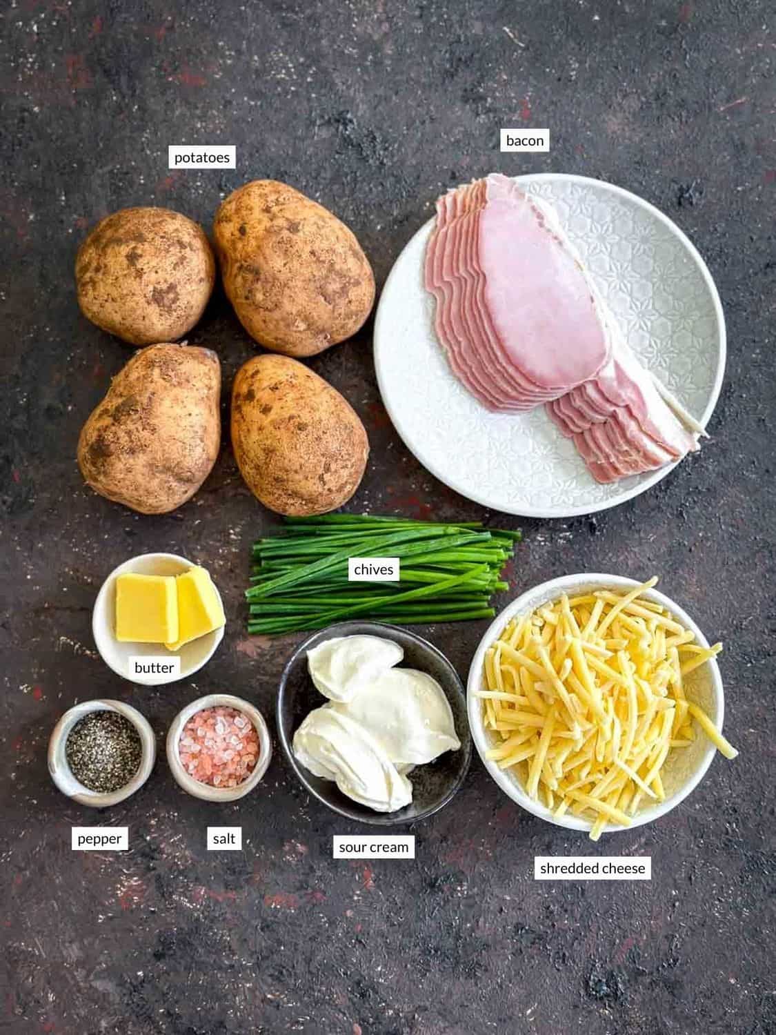 Individually labelled ingredients for twice baked mashed potatoes