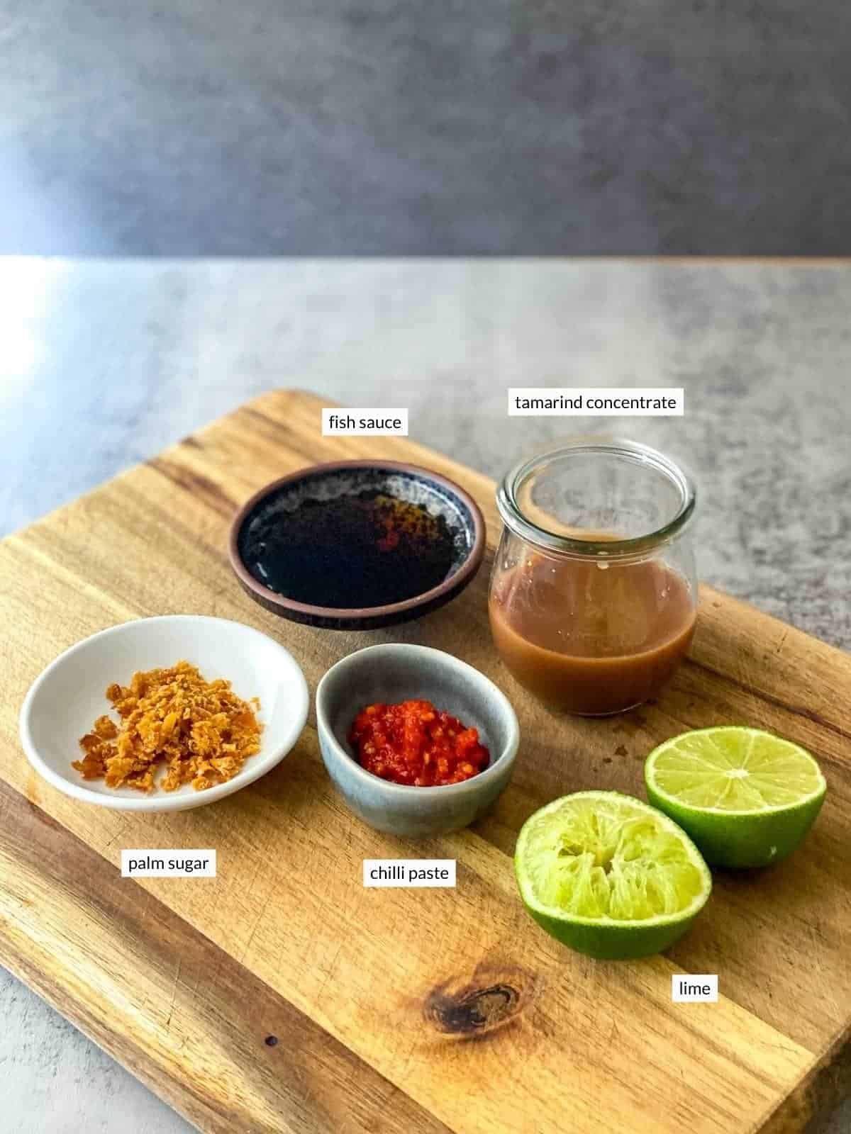Individually labelled ingredients for chilli tamarind dressing recipe
