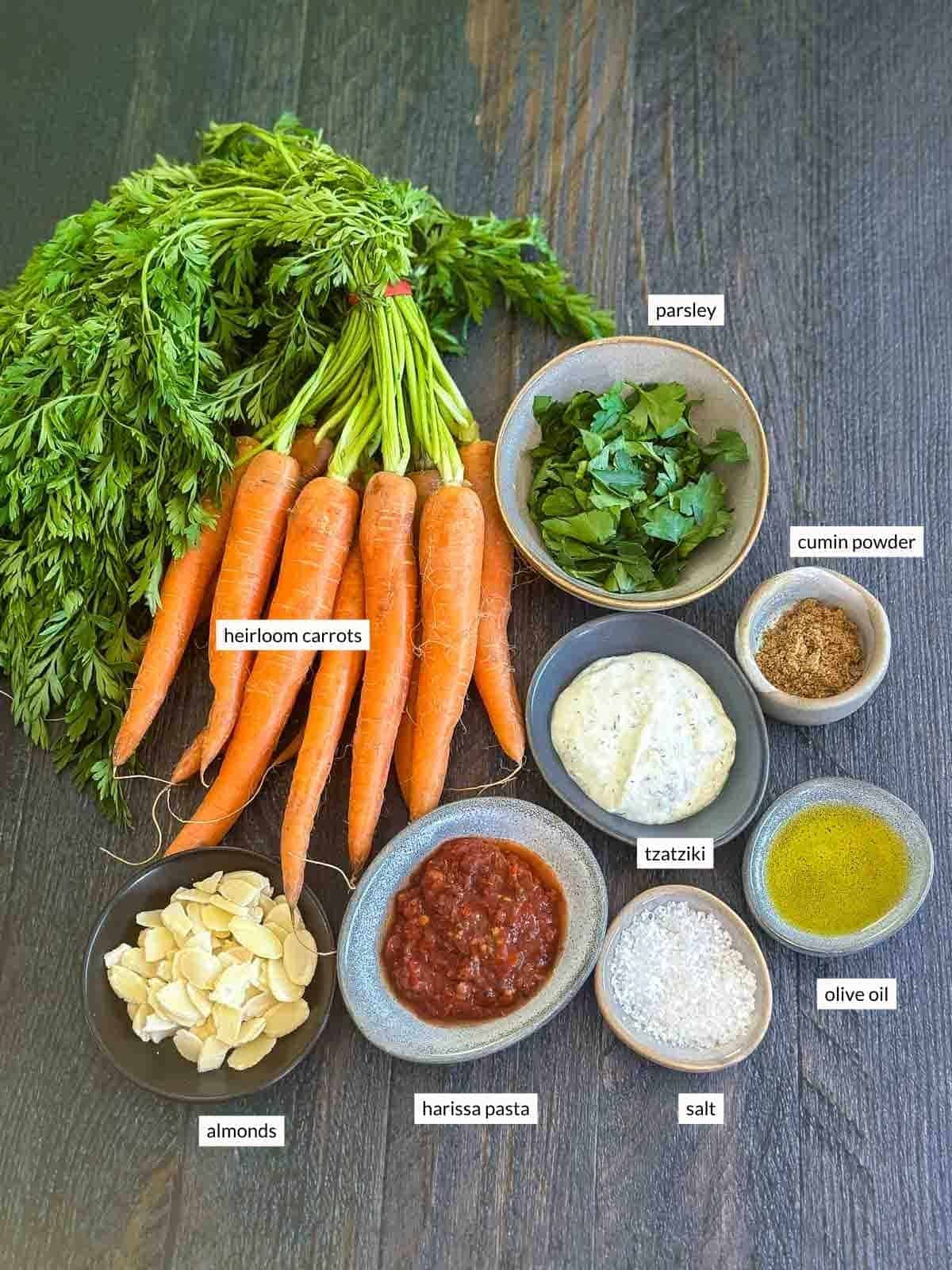 Individually labelled ingredients for Harissa Carrots with Tzatziki