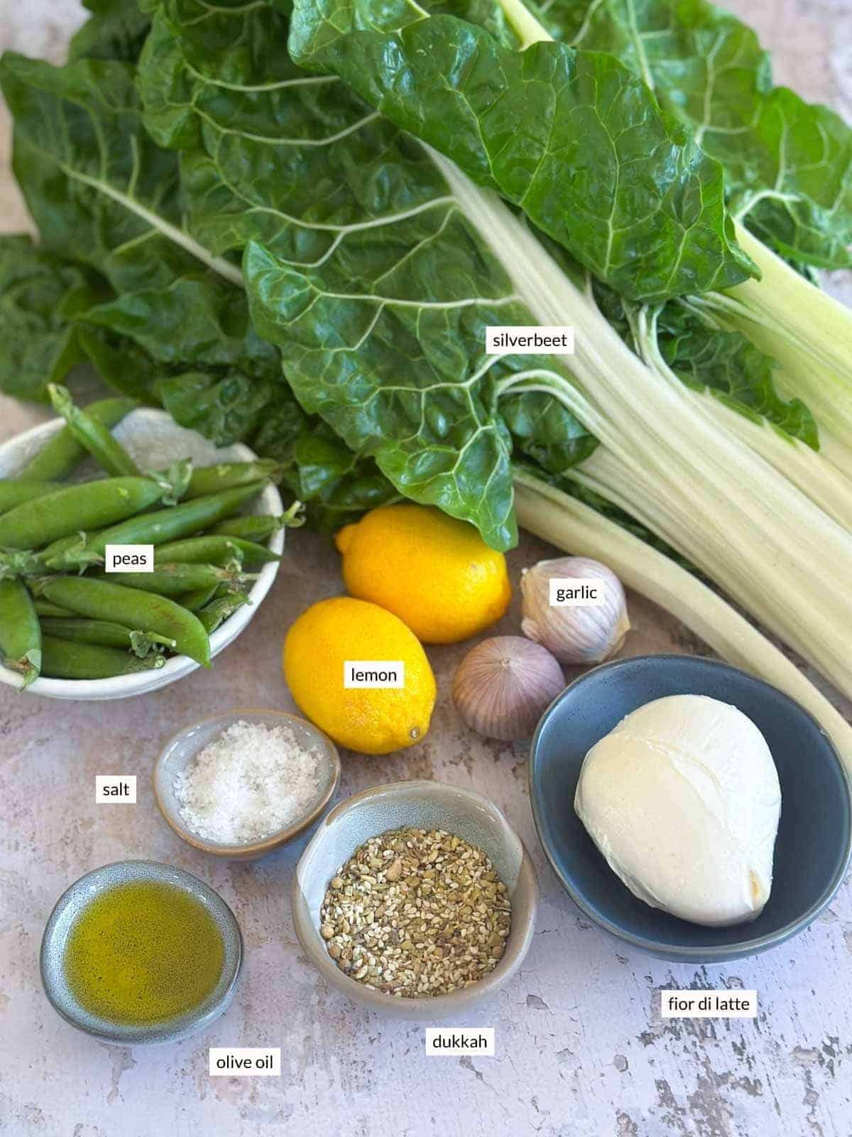 Individually labelled ingredients for Sautéed Silverbeet with Peas
